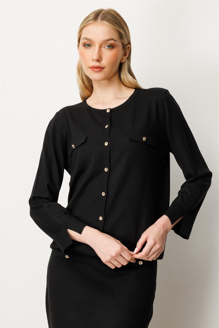 Mutlu Ertan Kadın Cep Detaylı Düğmeli Triko Hırka Siyah 20228