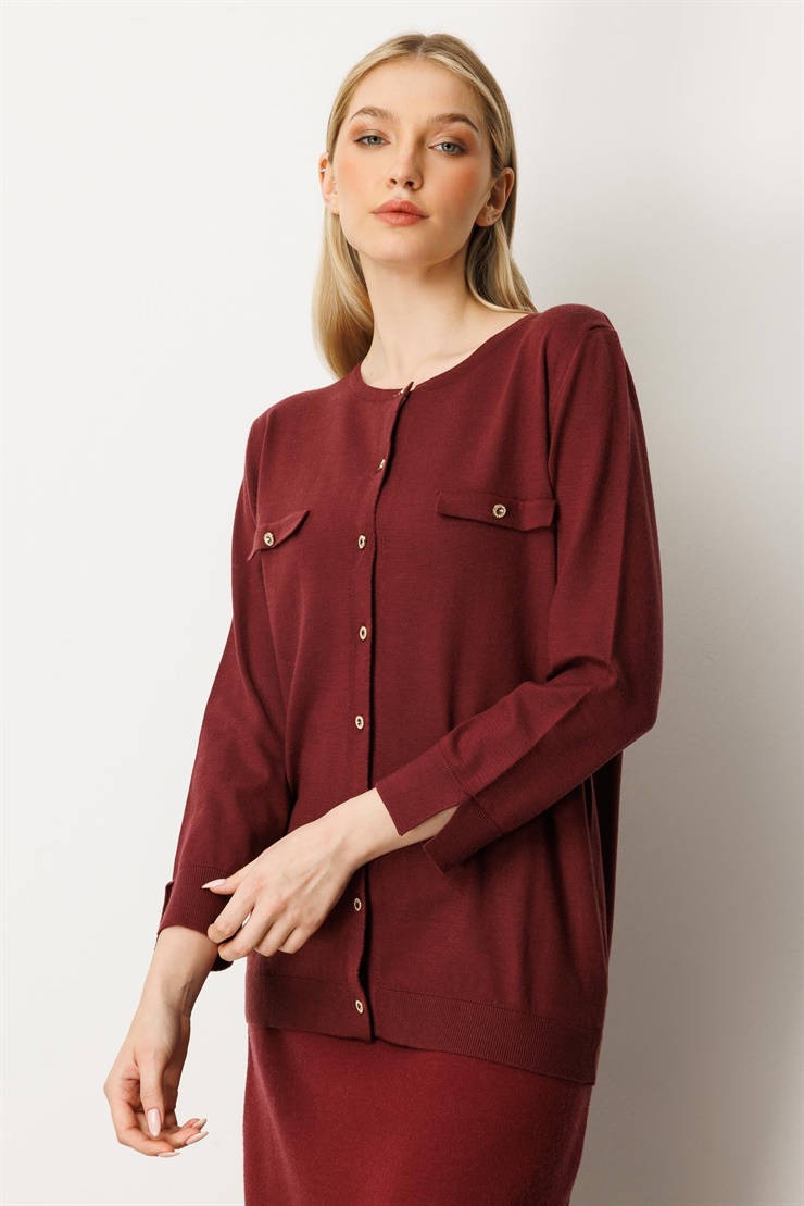 Mutlu Ertan Kadın Cep Detaylı Düğmeli Triko Hırka Bordo 20228