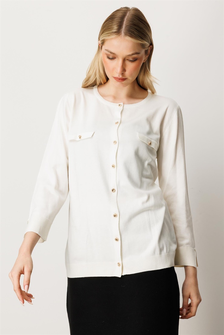 Mutlu Ertan Kadın Cep Detaylı Düğmeli Triko Hırka Ekru 20228