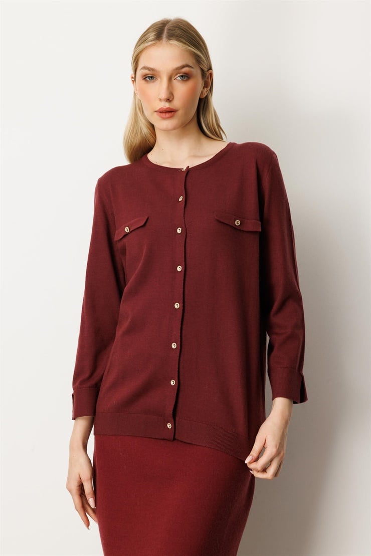 Mutlu Ertan Kadın Cep Detaylı Düğmeli Triko Hırka Bordo 20228