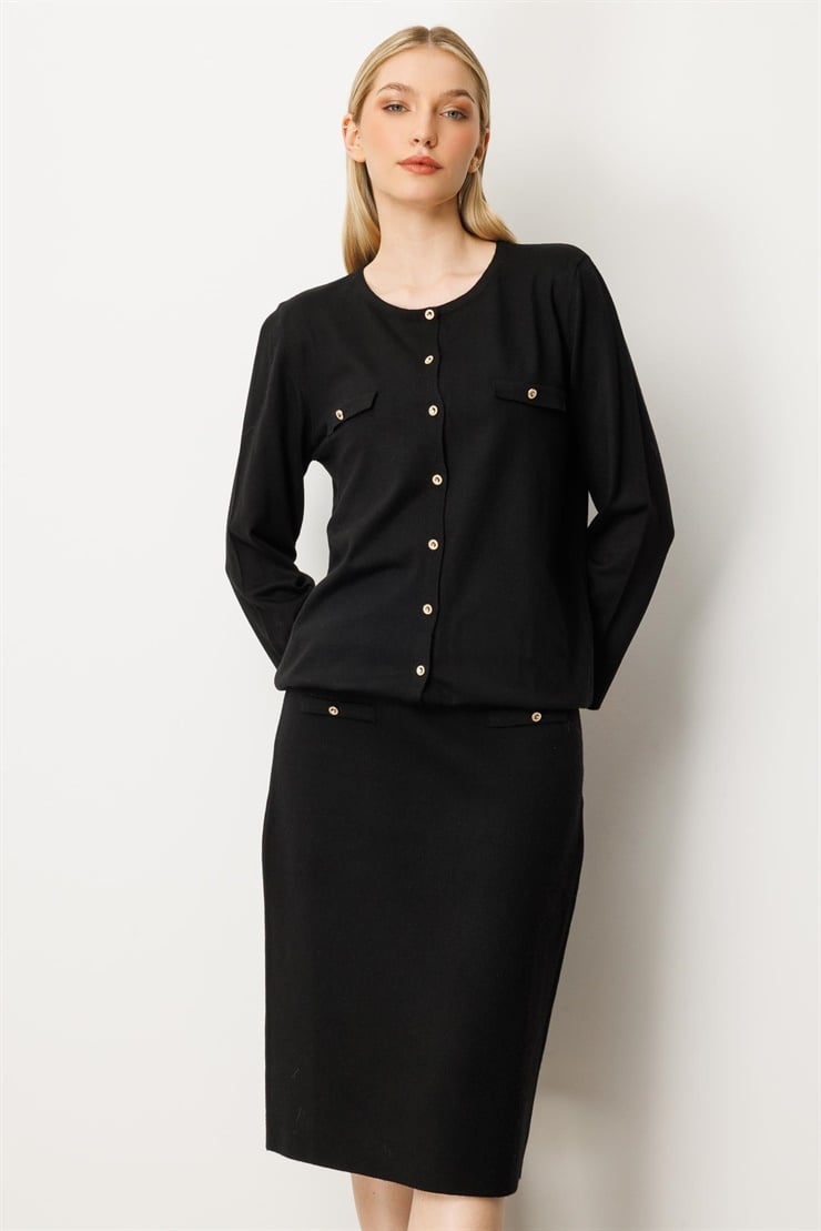 Mutlu Ertan Kadın Cep Detaylı Düğmeli Triko Hırka Siyah 20228