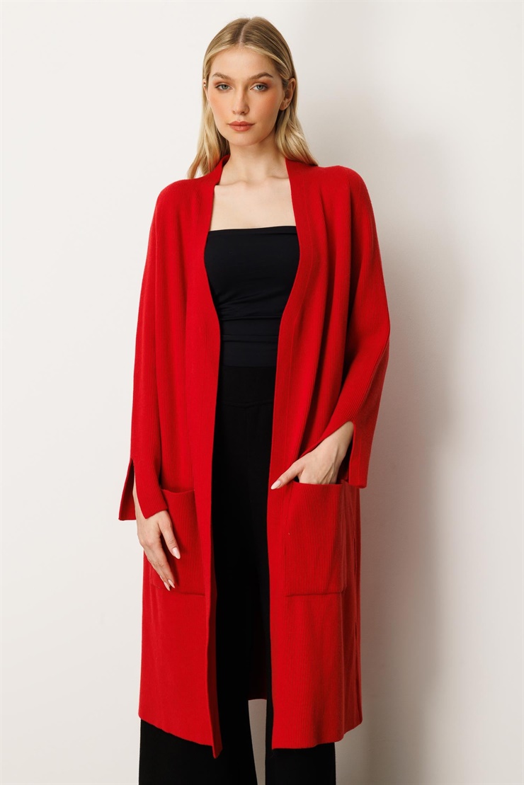 Mutlu Ertan Kadın Cep Detaylı Uzun Hırka Kırmızı 20242