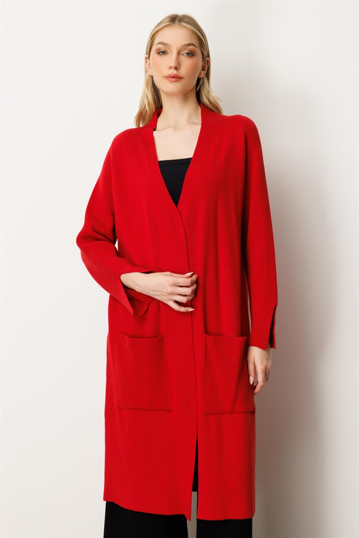 Mutlu Ertan Kadın Cep Detaylı Uzun Hırka Kırmızı 20242