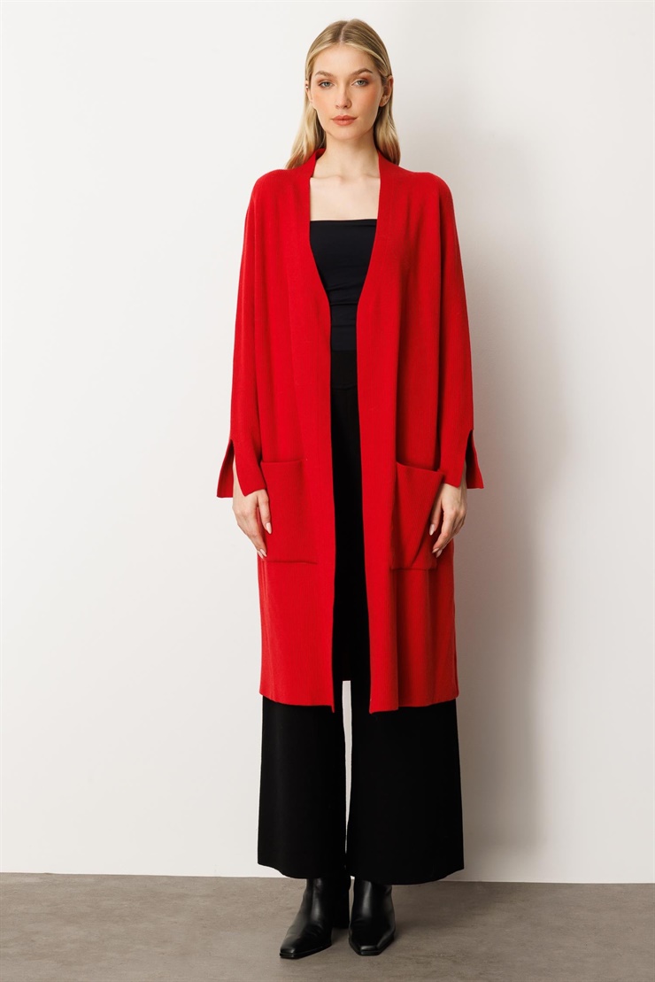 Mutlu Ertan Kadın Cep Detaylı Uzun Hırka Kırmızı 20242