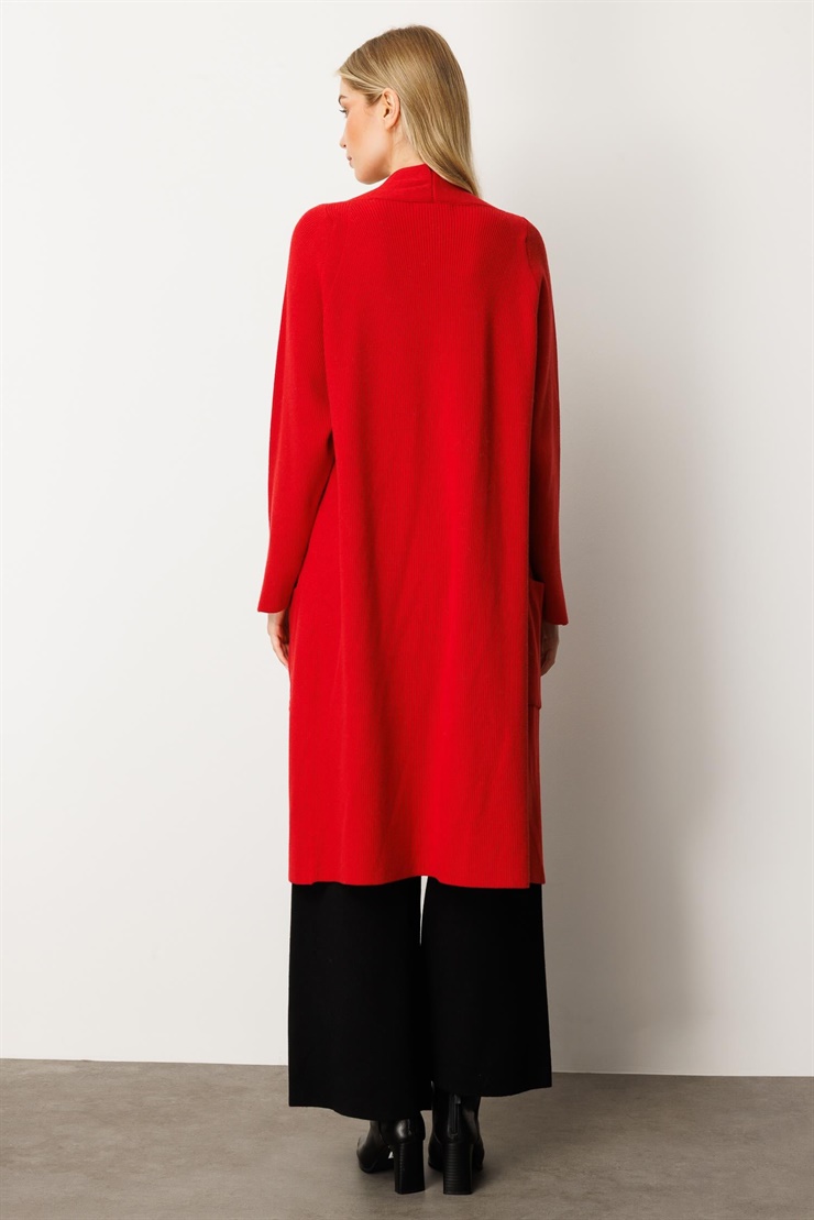 Mutlu Ertan Kadın Cep Detaylı Uzun Hırka Kırmızı 20242