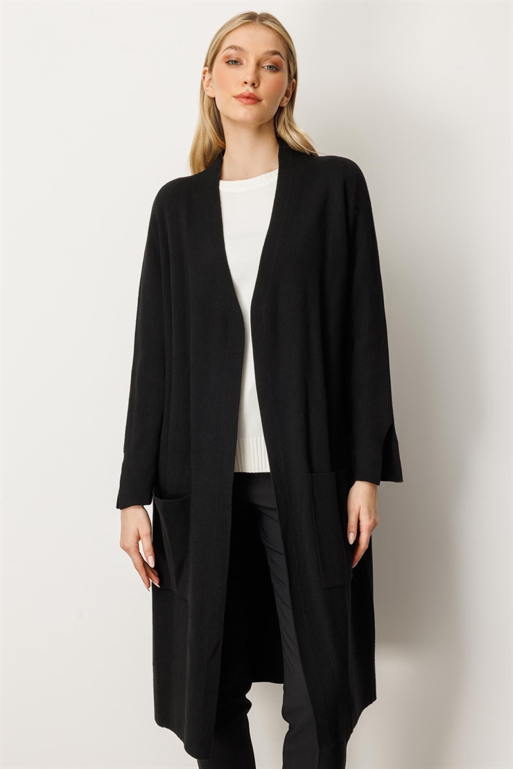 Mutlu Ertan Kadın Cep Detaylı Uzun Hırka Siyah 20242