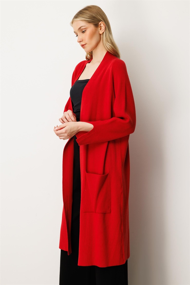 Mutlu Ertan Kadın Cep Detaylı Uzun Hırka Kırmızı 20242