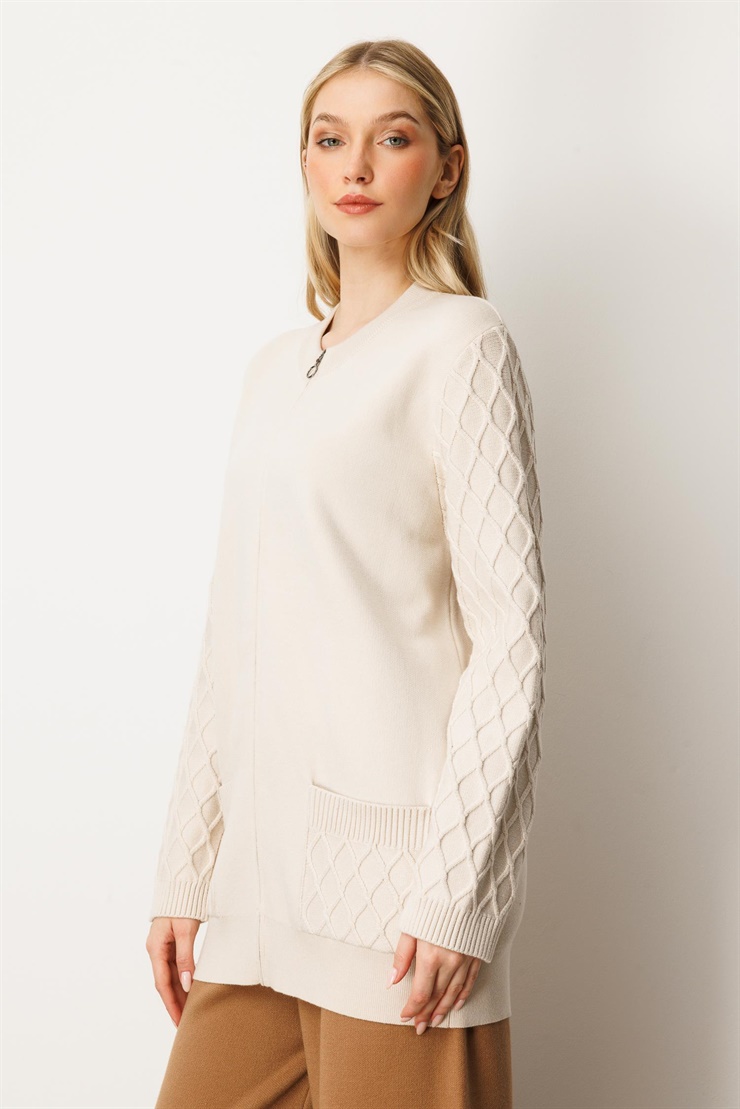 Mutlu Ertan Kadın Cep ve Kol Desenli Triko Hırka Taş 20239