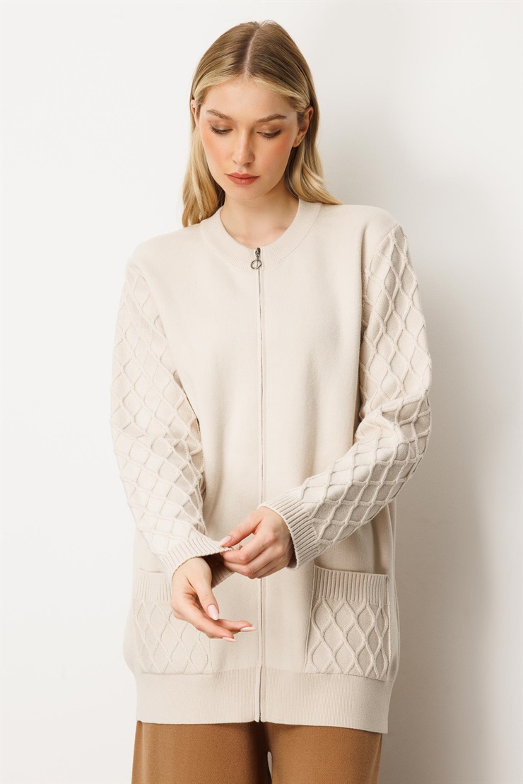 Mutlu Ertan Kadın Cep ve Kol Desenli Triko Hırka Taş 20239