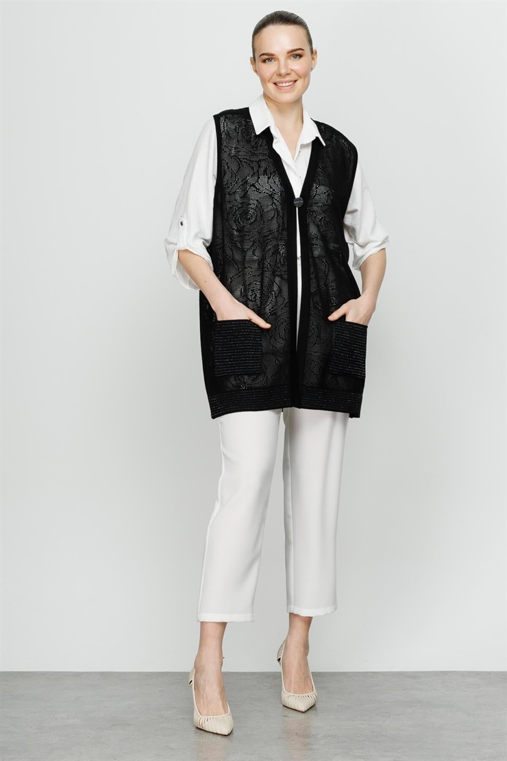 Mutlu Ertan Kadın Çiçek Ajurlu Kısa Triko Yelek Siyah 2818