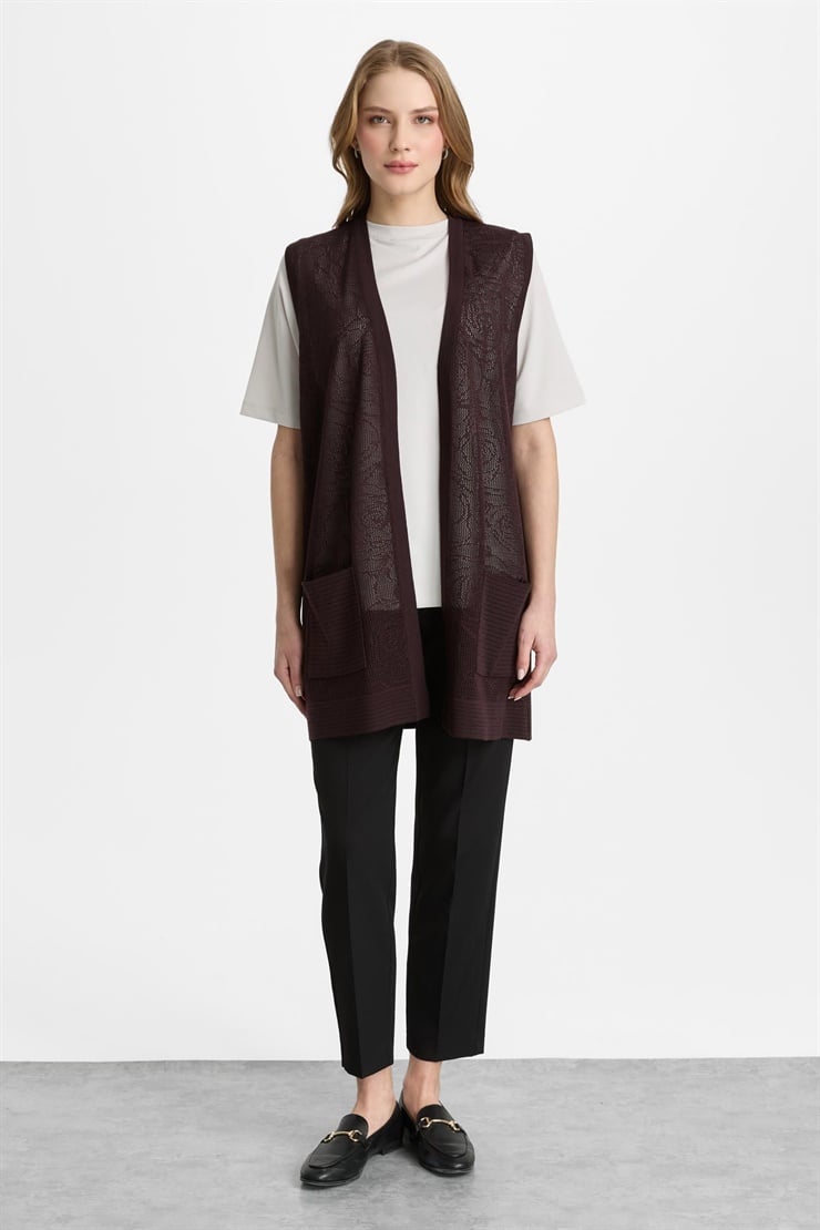 Mutlu Ertan Kadın Çiçek Ajurlu Kısa Triko Yelek Vino 2818