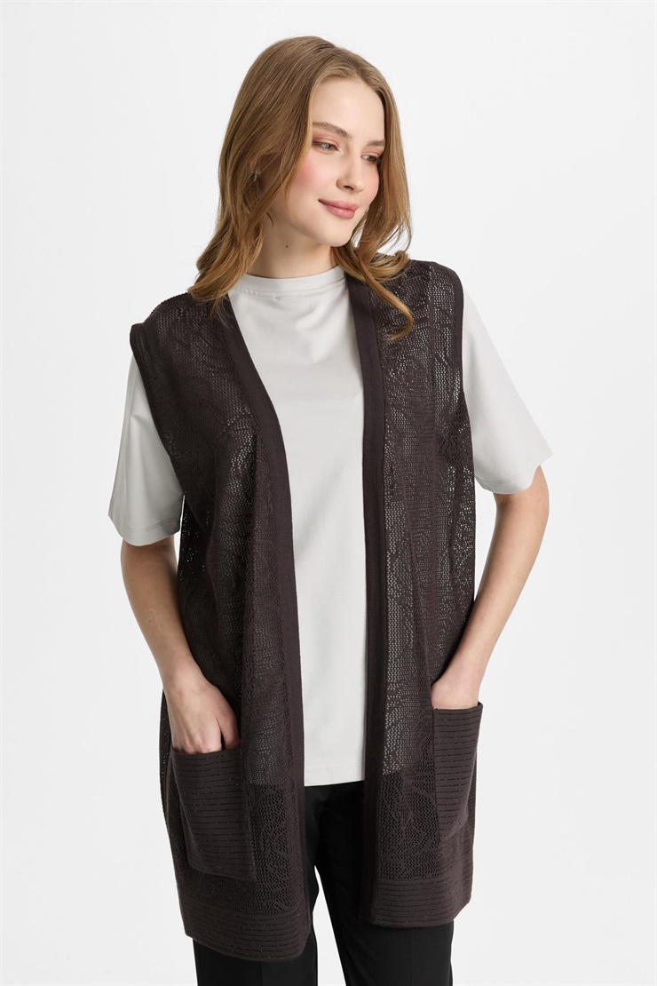 Mutlu Ertan Kadın Çiçek Ajurlu Kısa Triko Yelek Kahve 2818