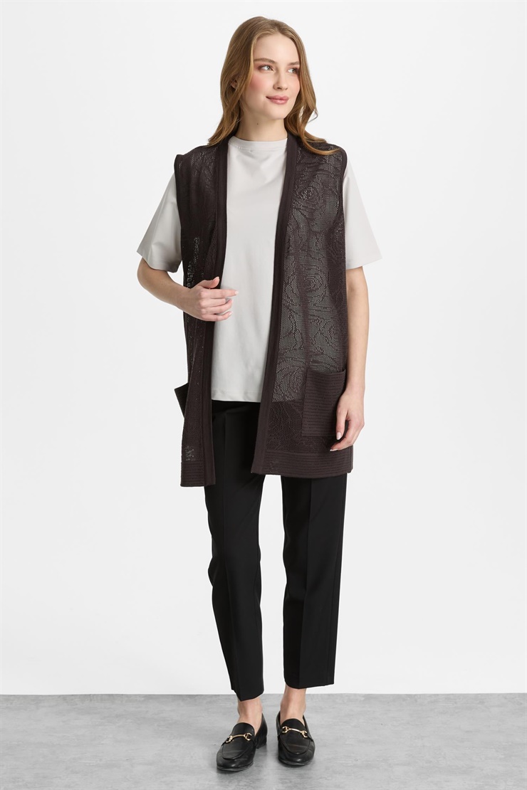 Mutlu Ertan Kadın Çiçek Ajurlu Kısa Triko Yelek Kahve 2818