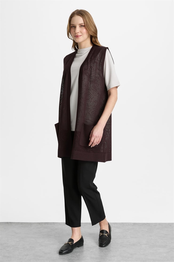 Mutlu Ertan Kadın Çiçek Ajurlu Kısa Triko Yelek Vino 2818