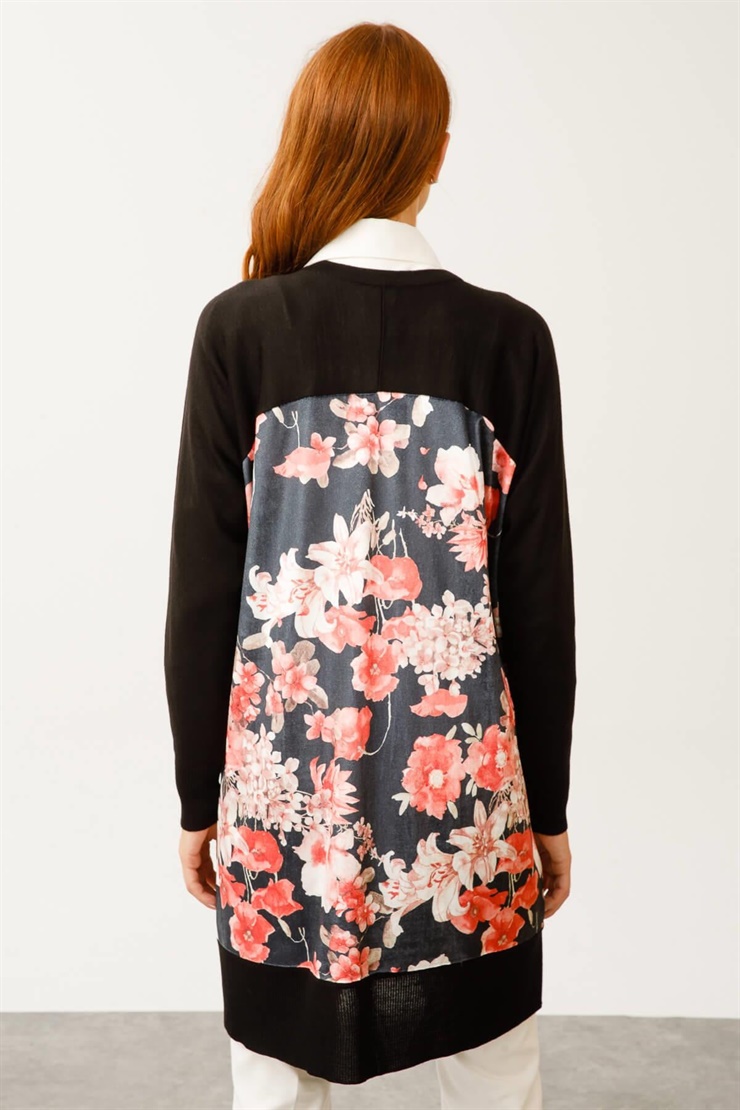 Mutlu Ertan Kadın Çiçek Desenli Triko Kombinli Hırka Siyah-Pembe 2958