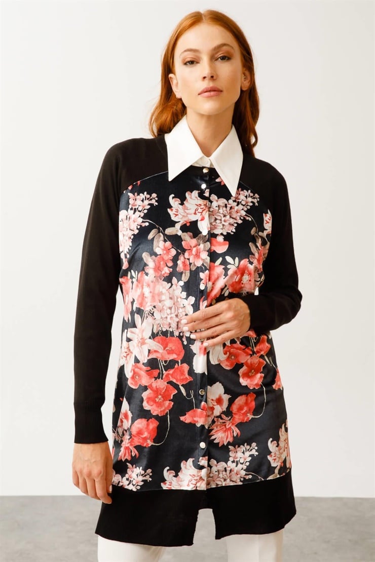 Mutlu Ertan Kadın Çiçek Desenli Triko Kombinli Hırka Siyah-Pembe 2958