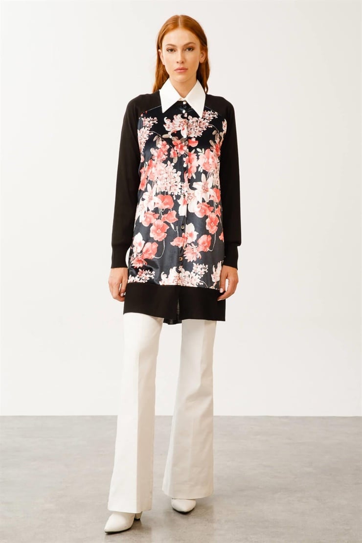 Mutlu Ertan Kadın Çiçek Desenli Triko Kombinli Hırka Siyah-Pembe 2958