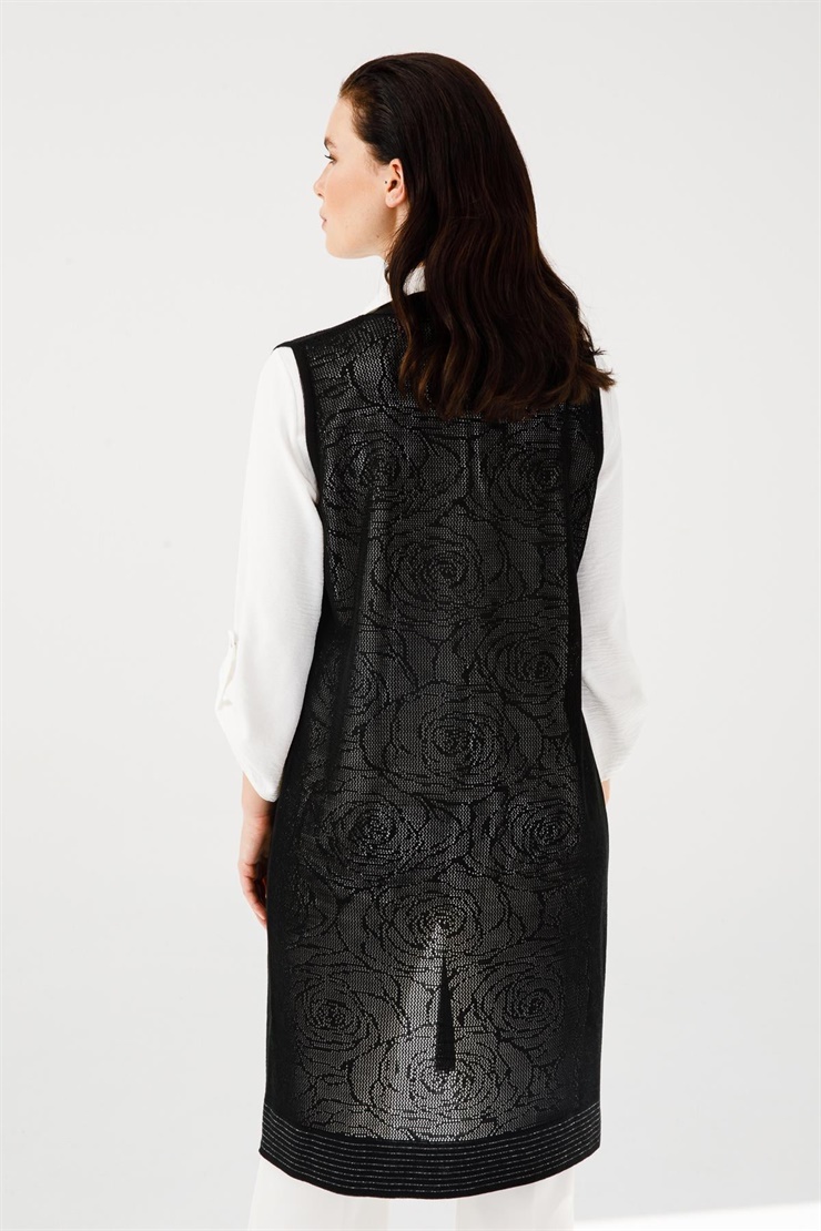 Mutlu Ertan Kadın Çiçek Desenli Uzun Triko Yelek Siyah 2803
