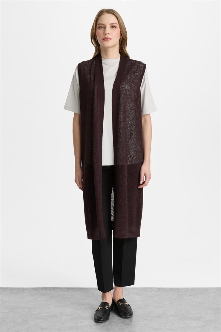 Mutlu Ertan Kadın Çiçek Desenli Uzun Triko Yelek Vino 2803