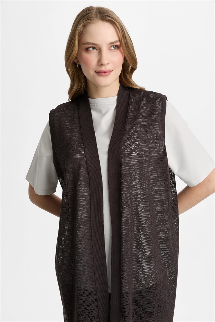 Mutlu Ertan Kadın Çiçek Desenli Uzun Triko Yelek Vino 2803