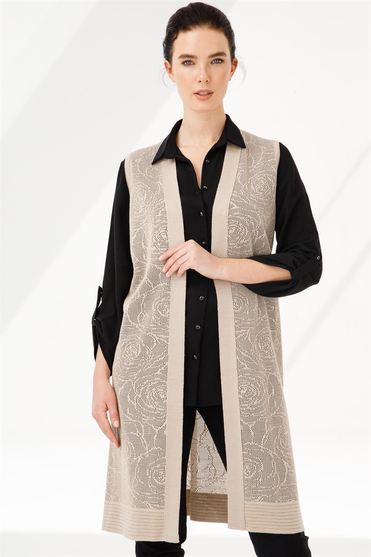 Mutlu Ertan Kadın Çiçek Desenli Uzun Triko Yelek Vizon 2803