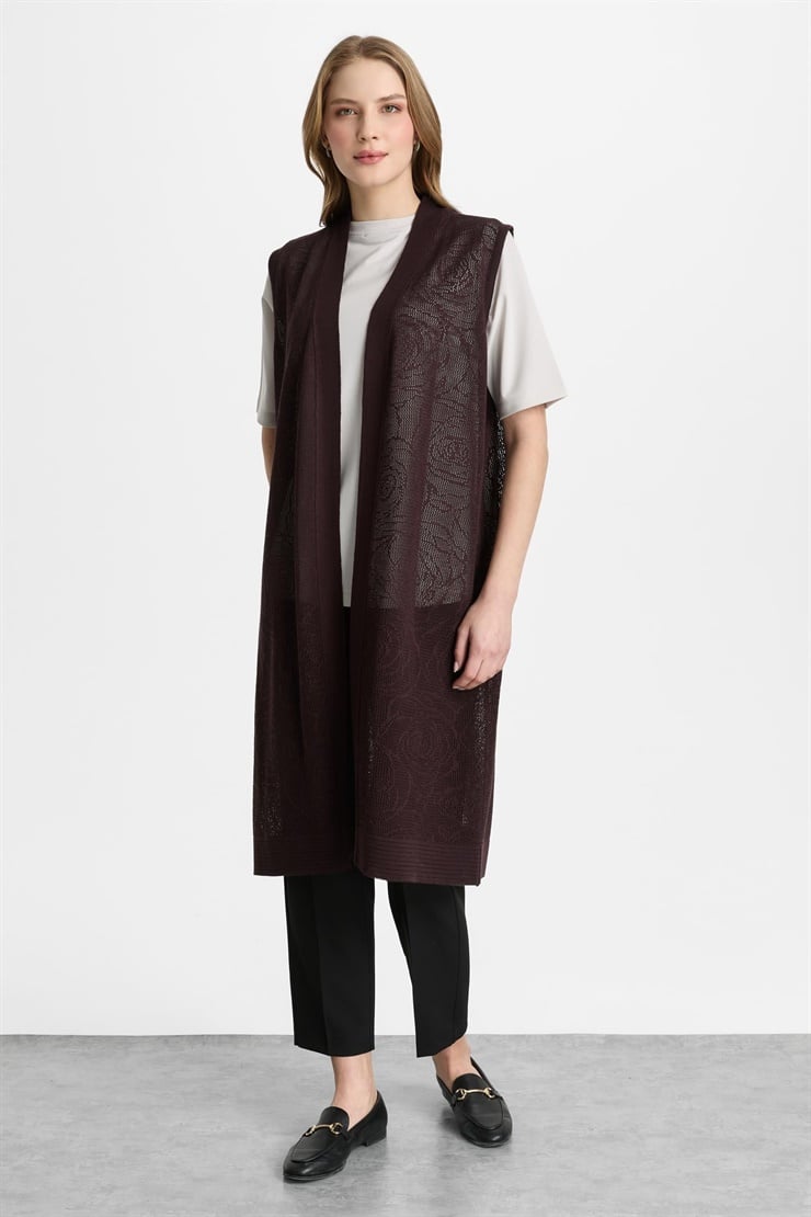 Mutlu Ertan Kadın Çiçek Desenli Uzun Triko Yelek Vino 2803