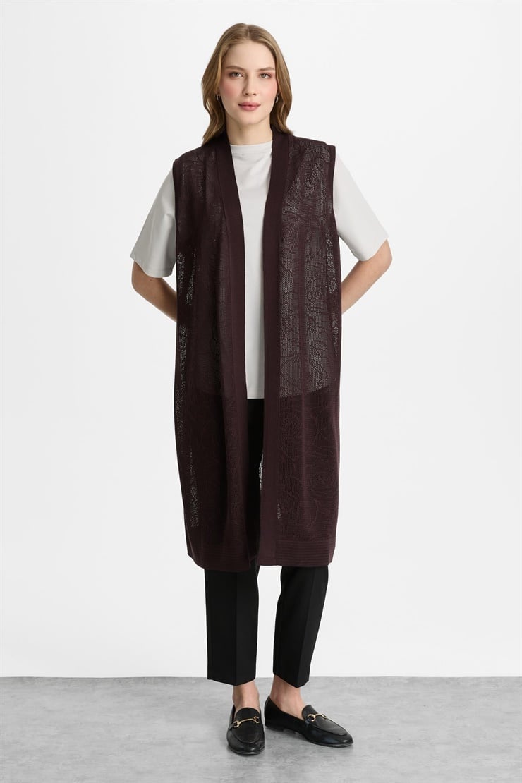 Mutlu Ertan Kadın Çiçek Desenli Uzun Triko Yelek Vino 2803