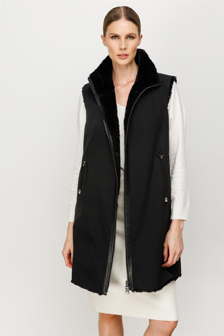 Mutlu Ertan Kadın Çift Taraflı Peluş Yelek Siyah 30208