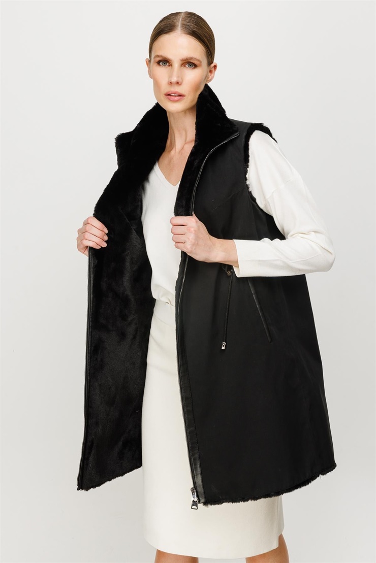 Mutlu Ertan Kadın Çift Taraflı Peluş Yelek Siyah 30208