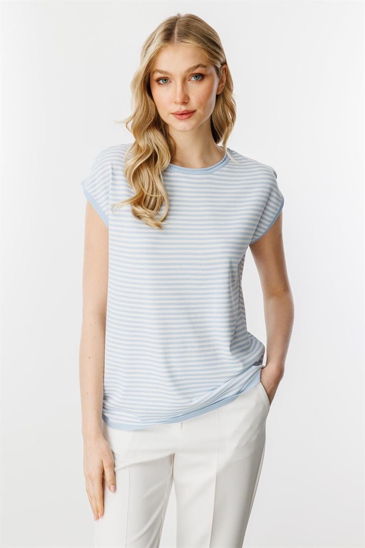 Mutlu Ertan Kadın Çizgili Basic Triko Bluz Mavi - Ekru 20187
