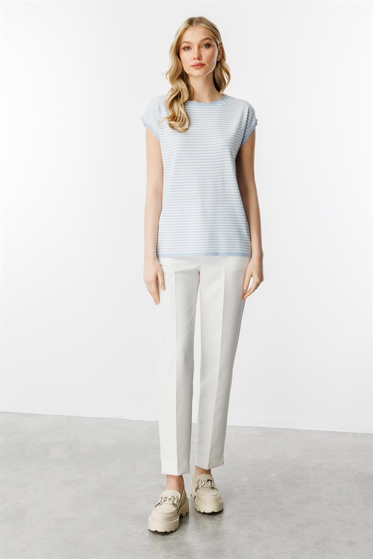 Mutlu Ertan Kadın Çizgili Basic Triko Bluz Mavi - Ekru 20187