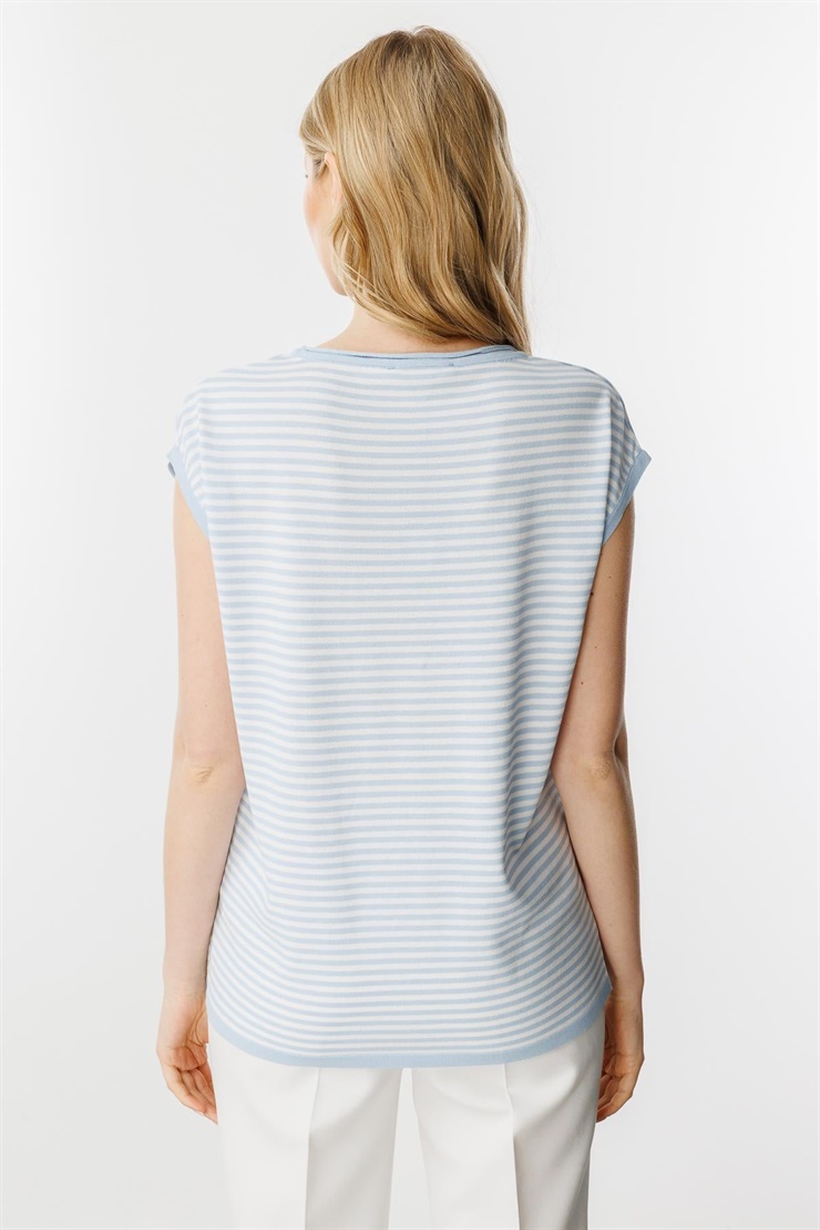 Mutlu Ertan Kadın Çizgili Basic Triko Bluz Mavi - Ekru 20187
