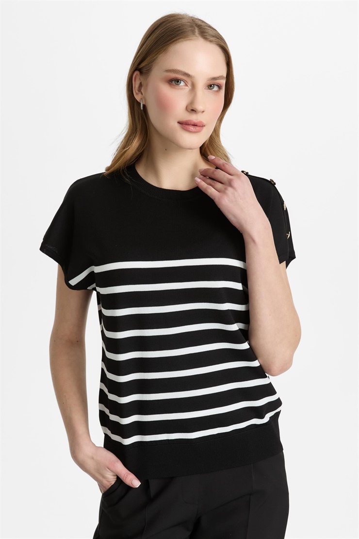 Mutlu Ertan Kadın Çizgili Düğmeli Triko Bluz Siyah-Ekru 20322
