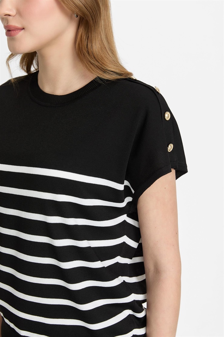 Mutlu Ertan Kadın Çizgili Düğmeli Triko Bluz Siyah-Ekru 20322