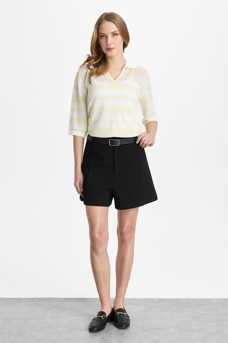 Mutlu Ertan Kadın Çizgili Polo Yaka Triko Bluz Ekru-Sarı 20314