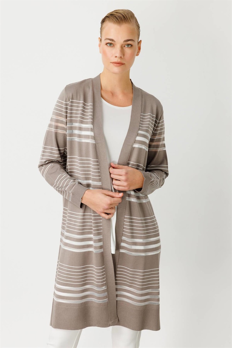 Mutlu Ertan Kadın Çizgili Simli Triko Hırka Koyu Vizon - Ekru 20113