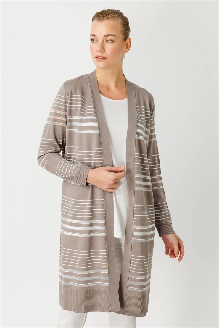 Mutlu Ertan Kadın Çizgili Simli Triko Hırka Koyu Vizon - Ekru 20113