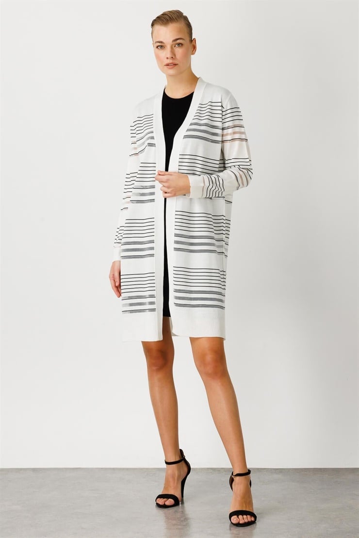 Mutlu Ertan Kadın Çizgili Simli Triko Hırka Ekru - Siyah 20113