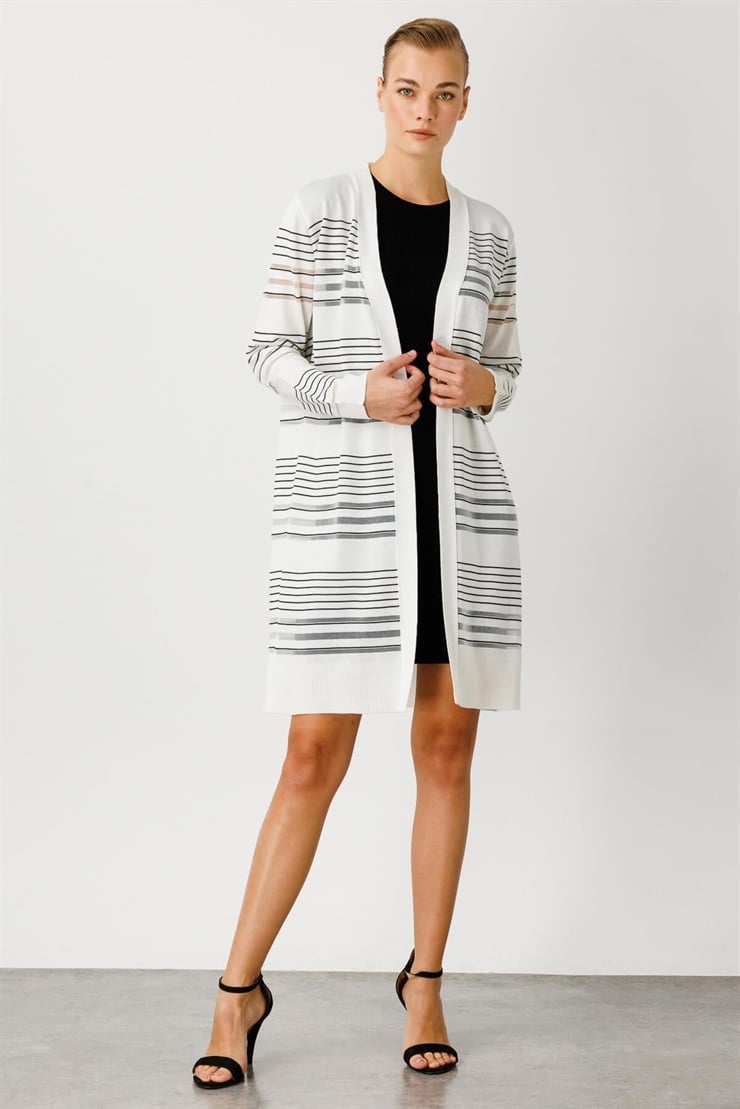 Mutlu Ertan Kadın Çizgili Simli Triko Hırka Ekru - Siyah 20113