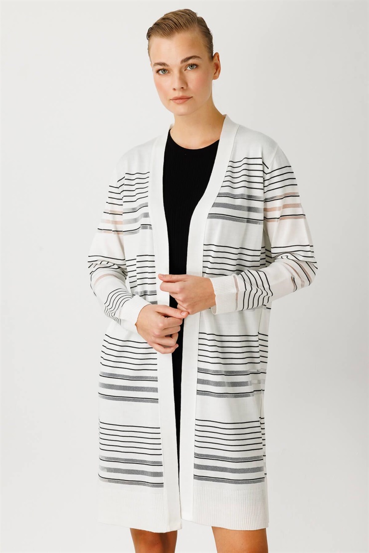 Mutlu Ertan Kadın Çizgili Simli Triko Hırka Ekru - Siyah 20113