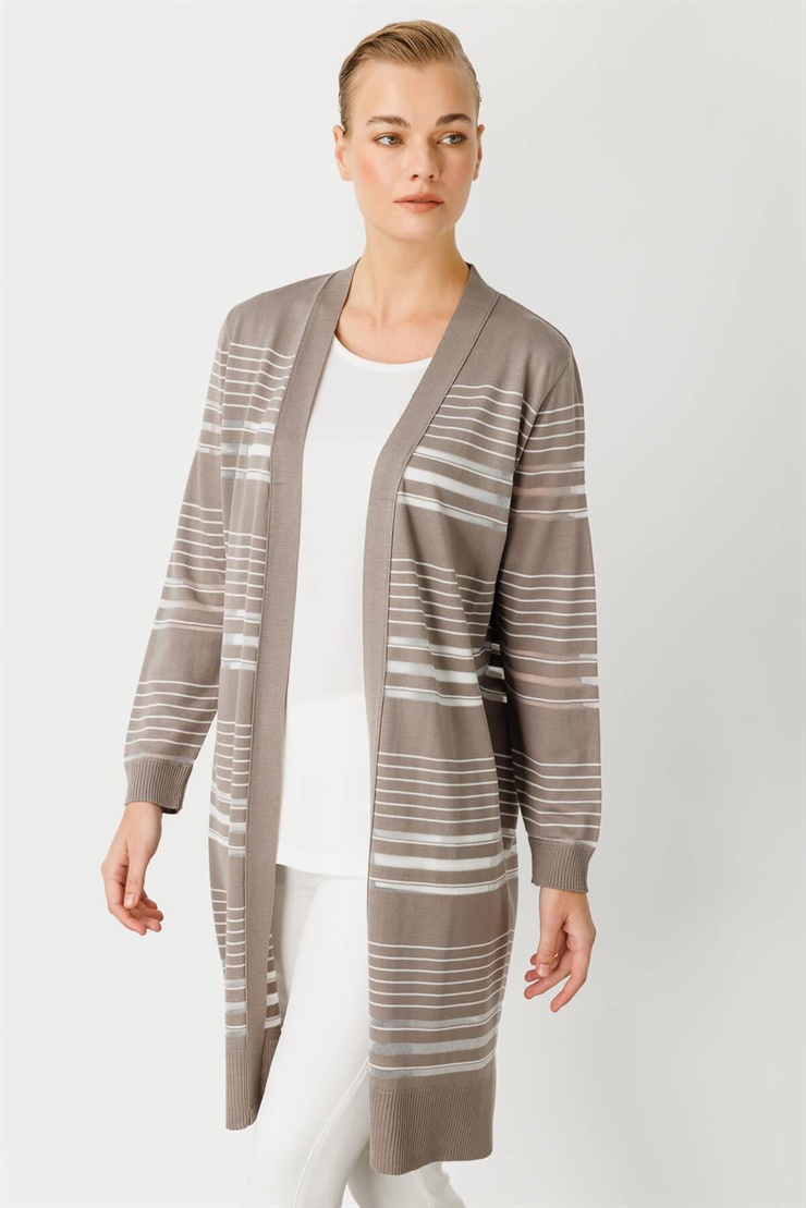 Mutlu Ertan Kadın Çizgili Simli Triko Hırka Koyu Vizon - Ekru 20113