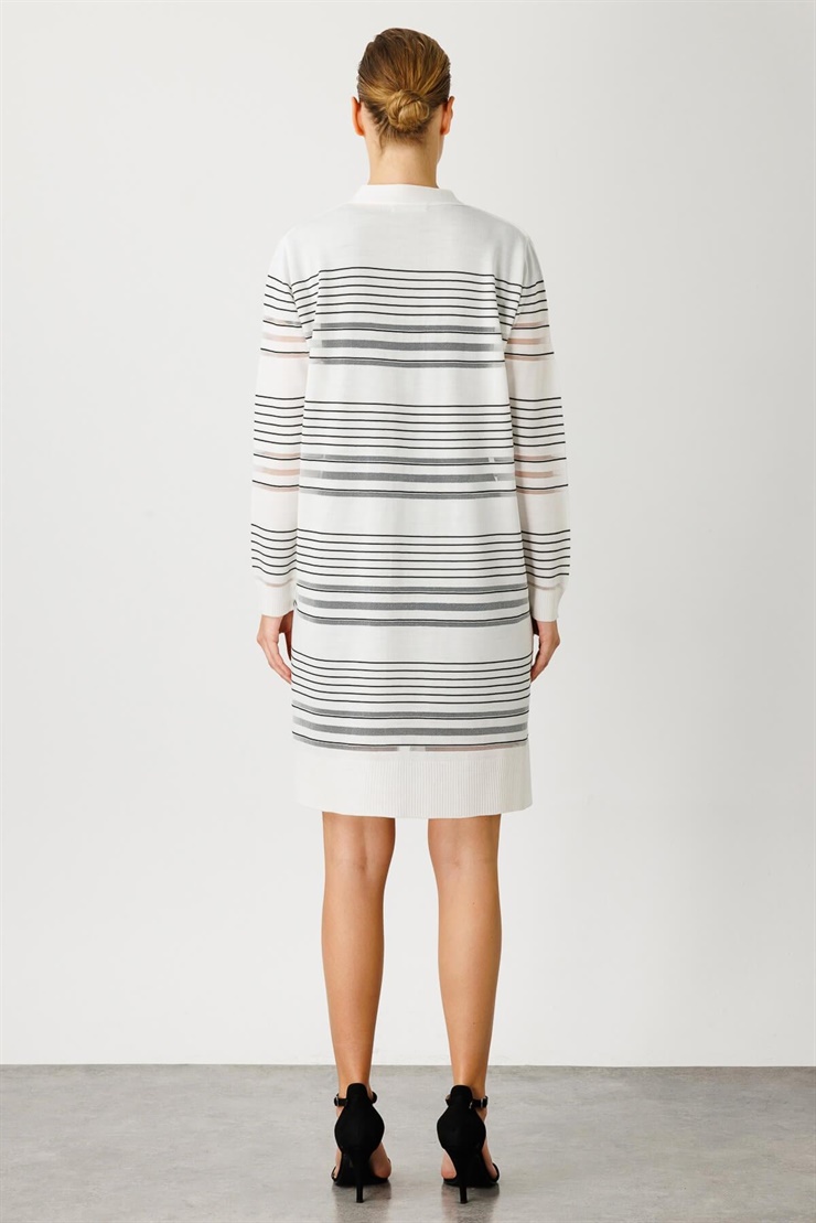 Mutlu Ertan Kadın Çizgili Simli Triko Hırka Ekru - Siyah 20113