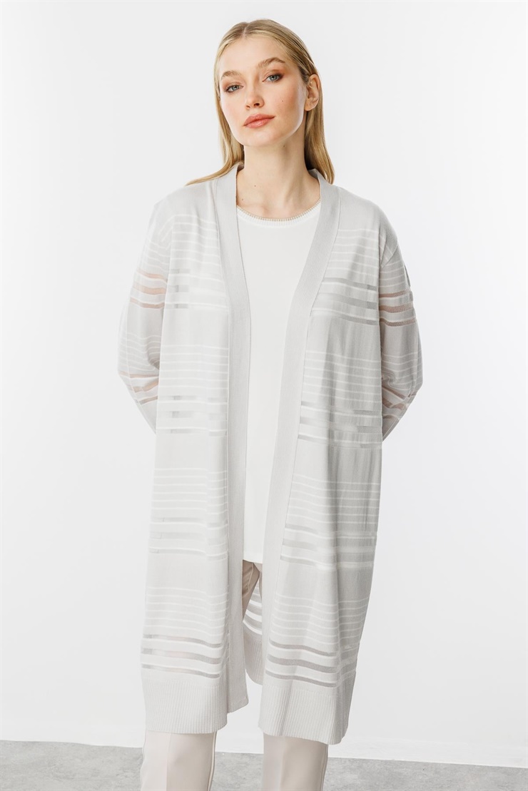 Mutlu Ertan Kadın Çizgili Simli Triko Hırka Gri - Ekru 20113