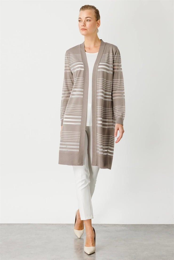 Mutlu Ertan Kadın Çizgili Simli Triko Hırka Koyu Vizon - Ekru 20113