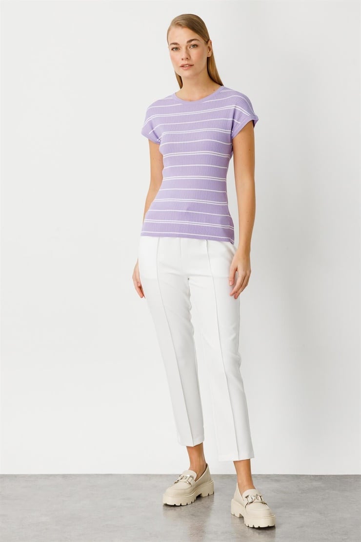 Mutlu Ertan Kadın Çizgili Triko Bluz Lila 20100