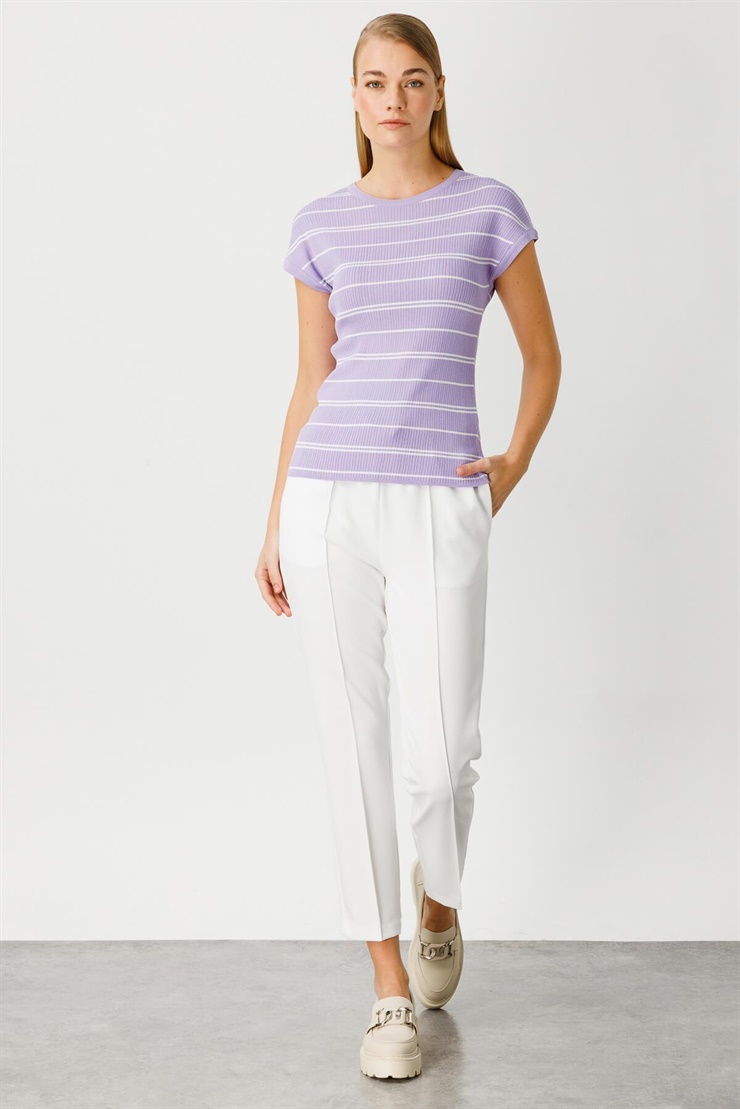 Mutlu Ertan Kadın Çizgili Triko Bluz Lila 20100