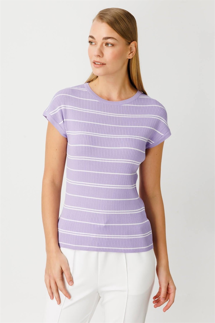 Mutlu Ertan Kadın Çizgili Triko Bluz Lila 20100