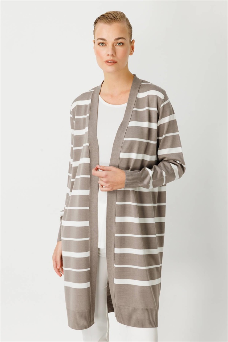 Mutlu Ertan Kadın Çizgili Triko Hırka Koyu Vizon - Ekru 20023