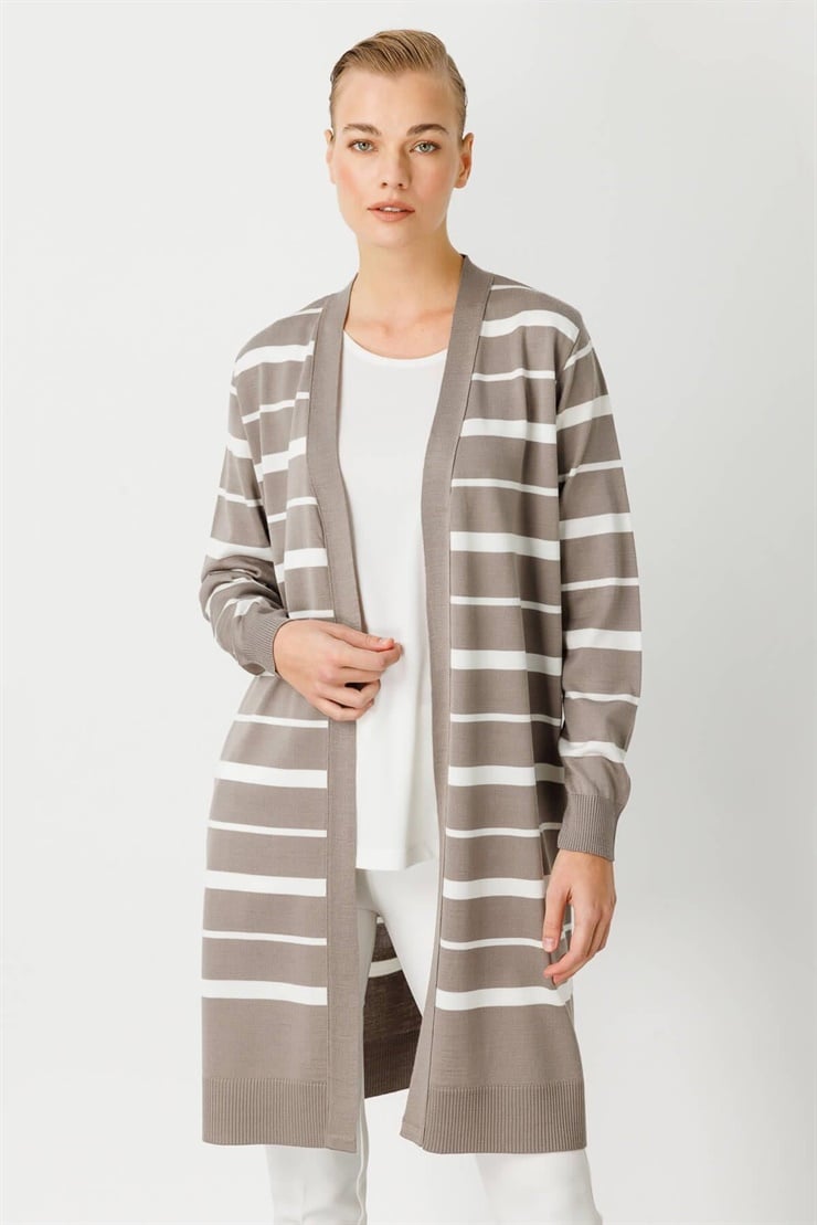 Mutlu Ertan Kadın Çizgili Triko Hırka Koyu Vizon - Ekru 20023