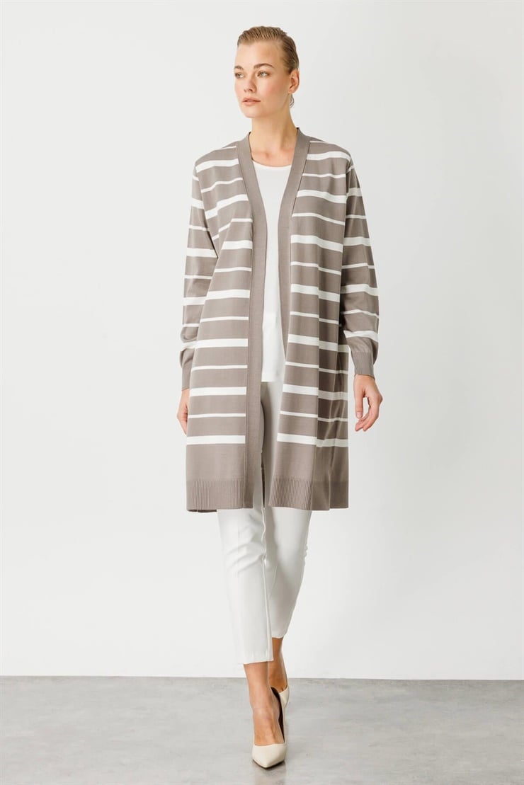 Mutlu Ertan Kadın Çizgili Triko Hırka Koyu Vizon - Ekru 20023